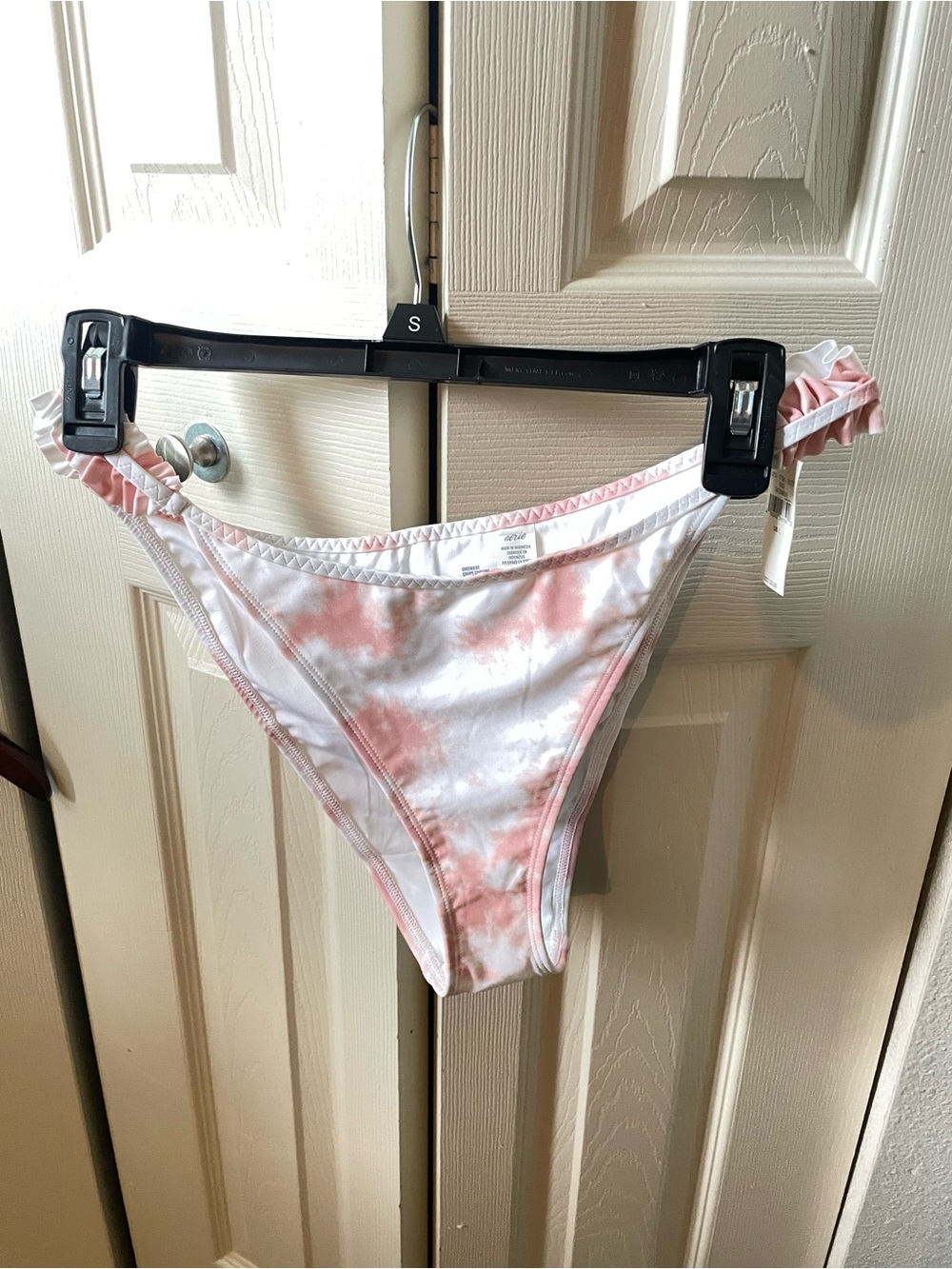 aerie Pink and White Tie-Dye Ruffle-Side Bikini Bottoms